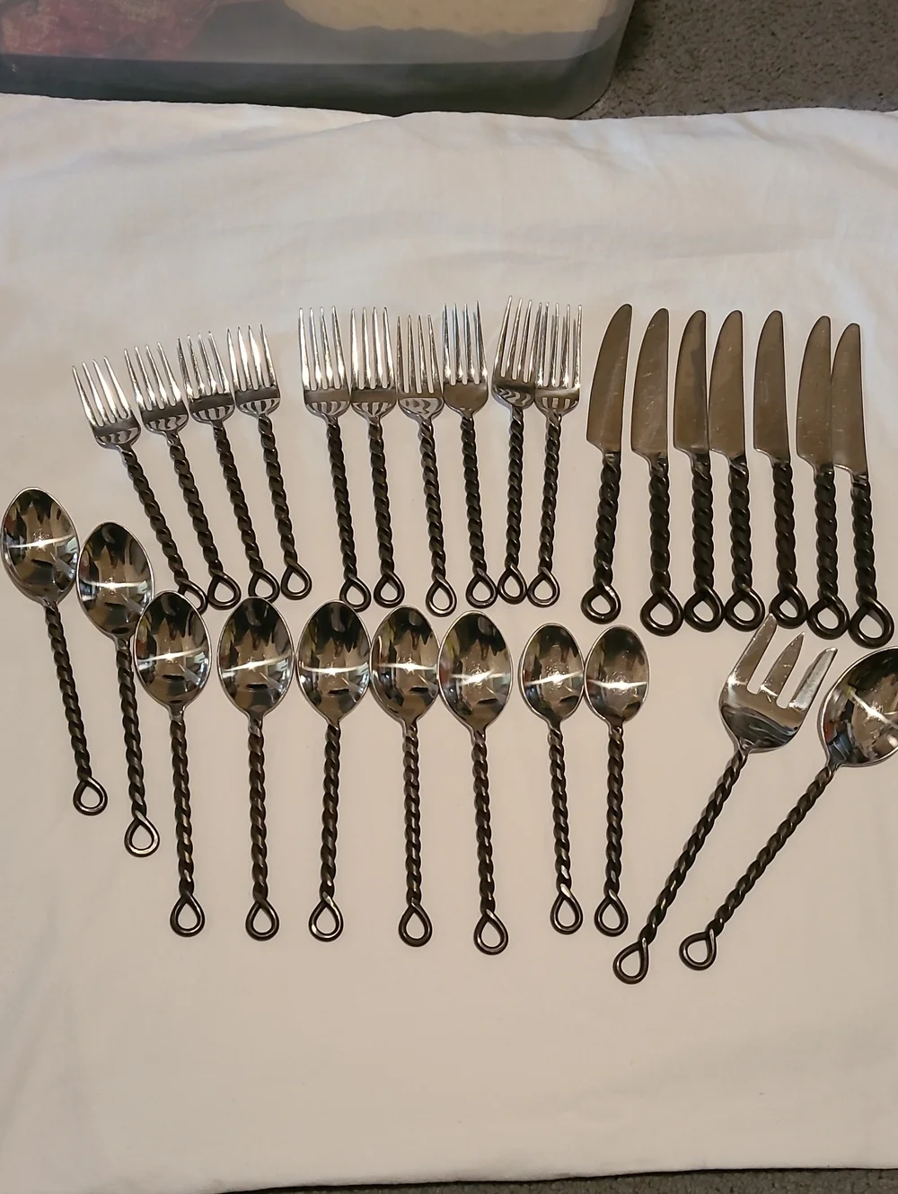 Silver Black Braid Rope Twisted Thailand Pottery Barn, 28 Pieces Flatware